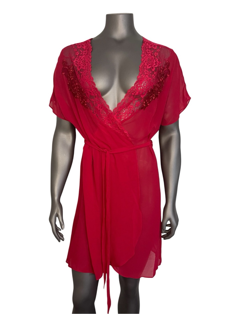 Linea Donatella Robe L/XL Juliet Lace-Trim Chiffon Red Wrap Beaded Sheer Short